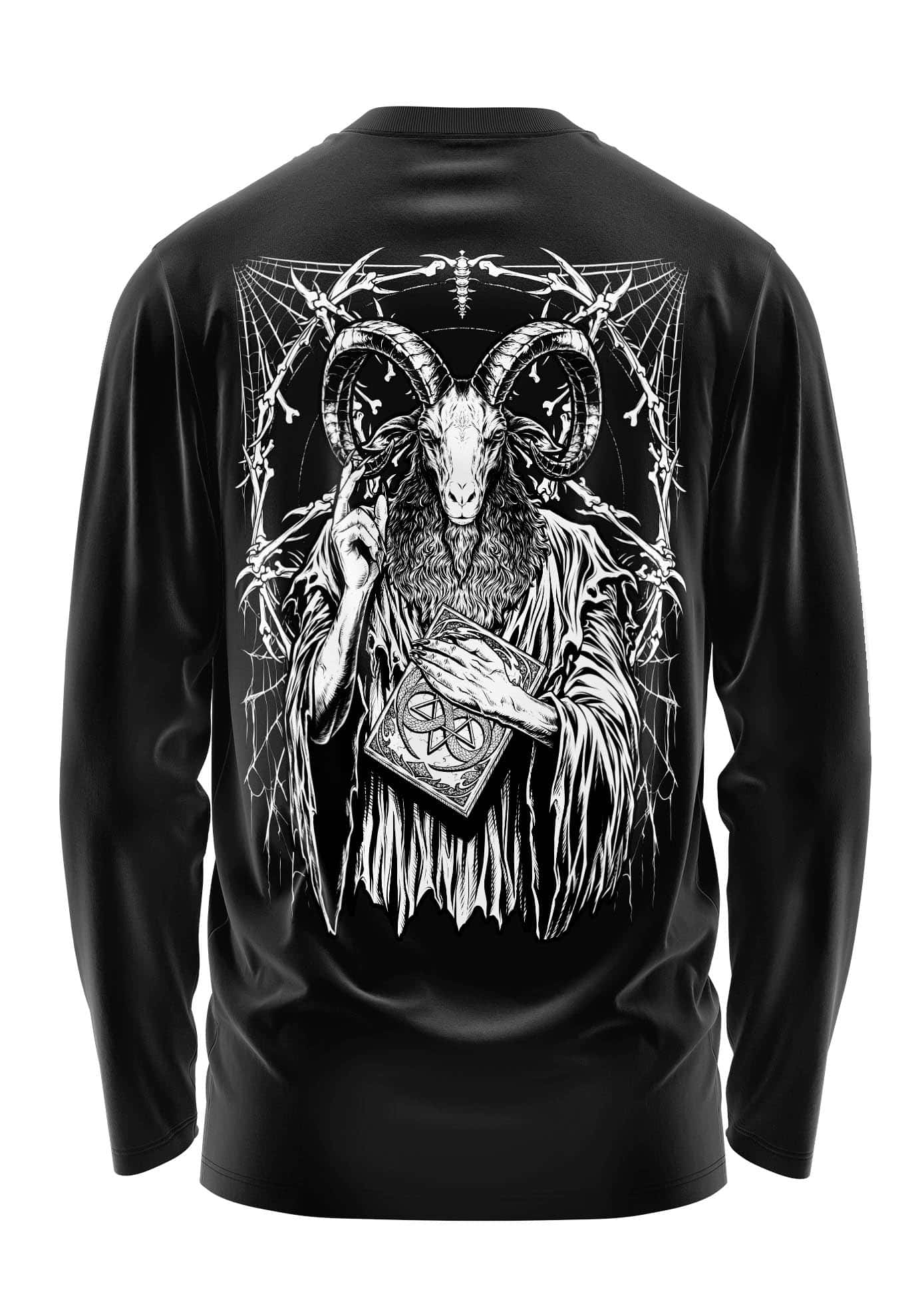 Schwarzes baphomets feast longsleeve aus strapazierfähigem stoff mit weißem ziegenkopf und detailreichem buchgriff